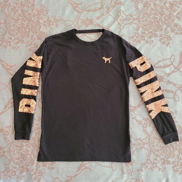 PINK Victoria's Secret Tops - Victoria's Secret PINK Long Sleeve Bling Shirt Black Rose Gold Size XS